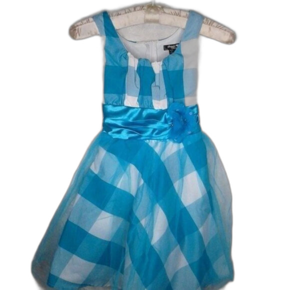 Sequin Hearts Girls Sleeveless Dress Teal White Plaid Tulle Satin Sash Size 7 - Picture 1 of 15